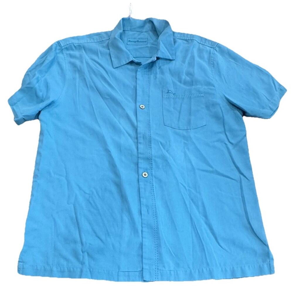 Tommy Bahama Mens Size Large Blue Silk Blend Casual Button Down Camp Shirt